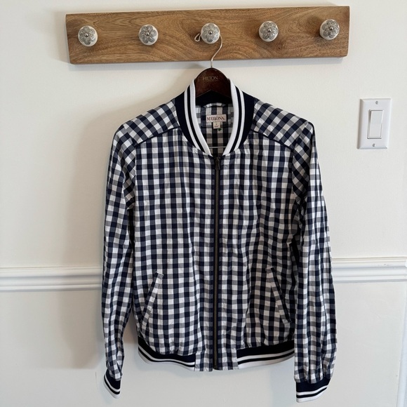 Gingham MERONA BomberJacket Navy & White Zip up Long Sleeve preppy checked Large - Picture 2 of 8